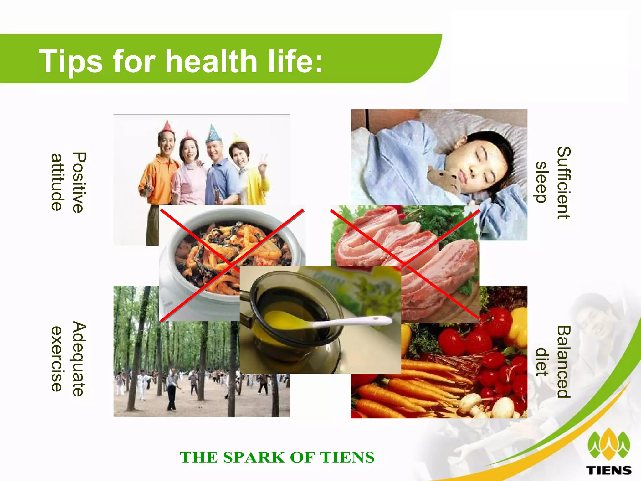 Sufficient   Balanced
                         sleep         diet
Tips for health life:   Positive     Adequate
                        attitude     exercise
 