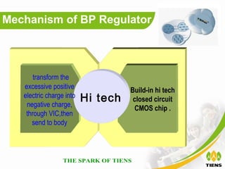 Mechanism of BP Regulator




       transform the
   excessive positive               Build-in hi tech
   electric charge into
    negative charge,
                          Hi tech    closed circuit
                                     CMOS chip .
    through VIC,then
      send to body
 