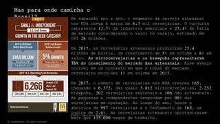Em expansão ano a ano, o segmento da cerveja artesanal
nos EUA chega à marca de 6,3 mil cervejarias. O conjunto
representa 12,7% da indústria americana e 23,4% de fatia
de mercado considerando o valor no varejo, estimado em
US$ 26 bilhões.
Em 2017, as cervejarias artesanais produziram 25,4
milhões de barris, um crescimento de 5% em volume e 8% em
valor. As microcervejarias e os brewpubs representaram
76% do crescimento do mercado das artesanais. Esse avanço
ocorreu em um contexto em que o total do mercado
cervejeiro encolheu 1% em volume em 2017.
Em 2017, o número de cervejarias nos EUA cresceu 165,
chegando a 6.372, das quais 3.812 microcervejarias, 2.252
brewpubs, 202 cervejarias regionais e 106 não artesanais.
As pequenas e independentes respondem por 98% das
cervejarias em operação. Ao longo do ano, houve a
abertura de 997 cervejarias e o fechamento de 165, um
índice de 2,6%. As cervejarias artesanais oportunizaram
mais que 135.000 vagas de trabalho.
FONTE: Revista BeerArt
Mas para onde caminha o
Brasil?
© Confidential - All rights reserved
 