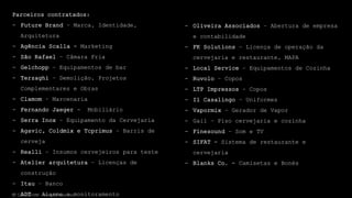 Parceiros contratados:
- Future Brand – Marca, Identidade,
Arquitetura
- Agência Scalla – Marketing
- São Rafael – Câmara Fria
- Gelchopp – Equipamentos de bar
- Terzaghi – Demolição, Projetos
Complementares e Obras
- Clamom – Marcenaria
- Fernando Jaeger - Mobiliário
- Serra Inox – Equipamento da Cervejaria
- Agavic, Coldmix e Tcprimus – Barris de
cerveja
- Realli – Insumos cervejeiros para teste
- Atelier arquitetura – Licenças de
construção
- Itau – Banco
- ADT – Alarme e monitoramento
- Oliveira Associados – Abertura de empresa
e contabilidade
- FK Solutions – Licença de operação da
cervejaria e restaurante, MAPA
- Local Service – Equipamentos de Cozinha
- Ruvolo – Copos
- LTP Impressos – Copos
- Il Casalingo – Uniformes
- Vapormix – Gerador de Vapor
- Gail – Piso cervejaria e cozinha
- Finesound – Som e TV
- SIFAT – Sistema de restaurante e
cervejaria
- Blanks Co. – Camisetas e Bonés
© Confidential - All rights reserved
 