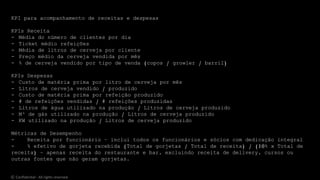 KPI para acompanhamento de receitas e despesas
KPIs Receita
- Média do número de clientes por dia
- Ticket médio refeições
- Média de litros de cerveja por cliente
- Preço médio da cerveja vendida por mês
- % de cerveja vendido por tipo de venda (copos / growler / barril)
KPIs Despesas
- Custo de matéria prima por litro de cerveja por mês
- Litros de cerveja vendido / produzido
- Custo de matéria prima por refeição produzido
- # de refeições vendidas / # refeições produzidas
- Litros de água utilizado na produção / Litros de cerveja produzido
- M³ de gás utilizado na produção / Litros de cerveja produzido
- KW utilizado na produção / Litros de cerveja produzido
Métricas de Desempenho
- Receita por funcionário – inclui todos os funcionários e sócios com dedicação integral
- % efetivo de gorjeta recebida (Total de gorjetas / Total de receita) / (10% x Total de
receita) – apenas receita do restaurante e bar, excluindo receita de delivery, cursos ou
outras fontes que não geram gorjetas.
© Confidential - All rights reserved
 