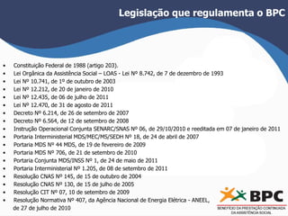 Legislação que regulamenta o BPC 
• Constituição Federal de 1988 (artigo 203). 
• Lei Orgânica da Assistência Social – LOAS - Lei Nº 8.742, de 7 de dezembro de 1993 
• Lei Nº 10.741, de 1º de outubro de 2003 
• Lei Nº 12.212, de 20 de janeiro de 2010 
• Lei Nº 12.435, de 06 de julho de 2011 
• Lei Nº 12.470, de 31 de agosto de 2011 
• Decreto Nº 6.214, de 26 de setembro de 2007 
• Decreto Nº 6.564, de 12 de setembro de 2008 
• Instrução Operacional Conjunta SENARC/SNAS Nº 06, de 29/10/2010 e reeditada em 07 de janeiro de 2011 
• Portaria Interministerial MDS/MEC/MS/SEDH Nº 18, de 24 de abril de 2007 
• Portaria MDS Nº 44 MDS, de 19 de fevereiro de 2009 
• Portaria MDS Nº 706, de 21 de setembro de 2010 
• Portaria Conjunta MDS/INSS Nº 1, de 24 de maio de 2011 
• Portaria Interministerial Nº 1.205, de 08 de setembro de 2011 
• Resolução CNAS Nº 145, de 15 de outubro de 2004 
• Resolução CNAS Nº 130, de 15 de julho de 2005 
• Resolução CIT Nº 07, 10 de setembro de 2009 
• Resolução Normativa Nº 407, da Agência Nacional de Energia Elétrica - ANEEL, 
de 27 de julho de 2010 
 