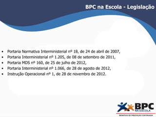 BPC na Escola - Legislação 
• Portaria Normativa Interministerial nº 18, de 24 de abril de 2007, 
• Portaria Interministerial nº 1.205, de 08 de setembro de 2011, 
• Portaria MDS nº 160, de 25 de julho de 2012, 
• Portaria Interministerial nº 1.066, de 28 de agosto de 2012, 
• Instrução Operacional nº 1, de 28 de novembro de 2012. 
 