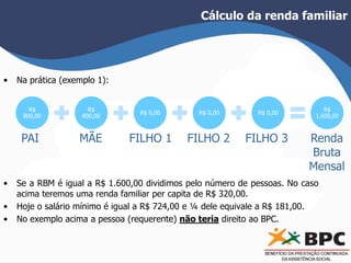 Cálculo da renda familiar 
• Na prática (exemplo 1): 
R$ 
800,00 
R$ 
800,00 
R$ 0,00 R$ 0,00 R$ 0,00 
R$ 
1.600,00 
PAI MÃE FILHO 1 FILHO 2 FILHO 3 Renda 
Bruta 
Mensal 
• Se a RBM é igual a R$ 1.600,00 dividimos pelo número de pessoas. No caso 
acima teremos uma renda familiar per capita de R$ 320,00. 
• Hoje o salário mínimo é igual a R$ 724,00 e ¼ dele equivale a R$ 181,00. 
• No exemplo acima a pessoa (requerente) não teria direito ao BPC. 
 