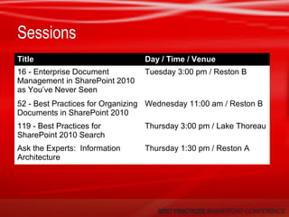 Sessions
Title Day / Time / Venue
16 - Enterprise Document
Management in SharePoint 2010
as You’ve Never Seen
Tuesday 3:00 pm / Reston B
52 - Best Practices for Organizing
Documents in SharePoint 2010
Wednesday 11:00 am / Reston B
119 - Best Practices for
SharePoint 2010 Search
Thursday 3:00 pm / Lake Thoreau
Ask the Experts: Information
Architecture
Thursday 1:30 pm / Reston A
 