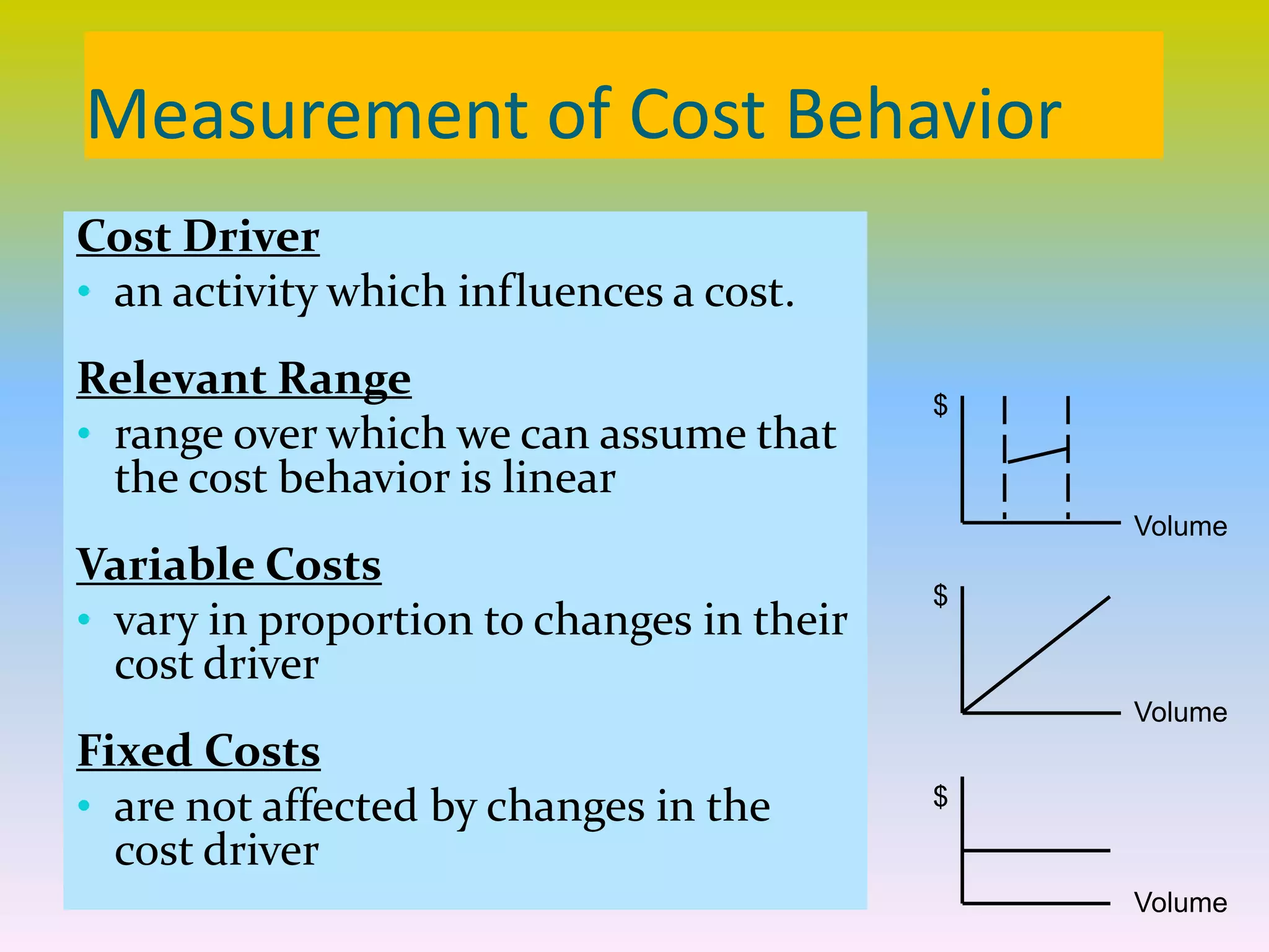 Measurement of Cost Behavior
Cost Driver
• an activity which influences a cost.
Relevant Range
• range over which we can assume that
the cost behavior is linear
Variable Costs
• vary in proportion to changes in their
cost driver
Fixed Costs
• are not affected by changes in the
cost driver
$
Volume
$
Volume
$
Volume
 