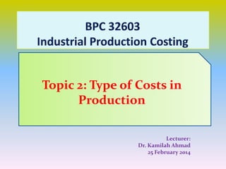 Lecturer:
Dr. Kamilah Ahmad
25 February 2014
Topic 2: Type of Costs in
Production
 