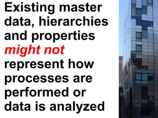 Existing master
data, hierarchies
and properties
might not
represent how
processes are
performed or
data is analyzed
 