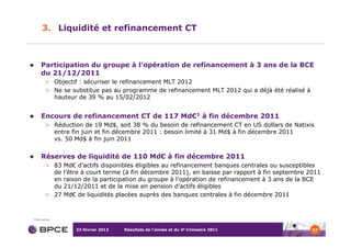 3. Liquidité et refinancement CT



        Participation du groupe à l’opération de refinancement à 3 ans de la BCE
        du 21/12/2011
          > Objectif : sécuriser le refinancement MLT 2012
          > Ne se substitue pas au programme de refinancement MLT 2012 qui a déjà été réalisé à
            hauteur de 39 % au 15/02/2012


        Encours de refinancement CT de 117 Md€1 à fin décembre 2011
          > Réduction de 19 Md$, soit 38 % du besoin de refinancement CT en US dollars de Natixis
            entre fin juin et fin décembre 2011 : besoin limité à 31 Md$ à fin décembre 2011
            vs. 50 Md$ à fin juin 2011


        Réserves de liquidité de 110 Md€ à fin décembre 2011
          > 83   Md€ d’actifs disponibles éligibles au refinancement banques centrales ou susceptibles
            de   l’être à court terme (à fin décembre 2011), en baisse par rapport à fin septembre 2011
            en   raison de la participation du groupe à l’opération de refinancement à 3 ans de la BCE
            du   21/12/2011 et de la mise en pension d’actifs éligibles
          > 27   Md€ de liquidités placées auprès des banques centrales à fin décembre 2011


1   Estimation


                     23 février 2012   Résultats de l’année et du 4e trimestre 2011                 37
 