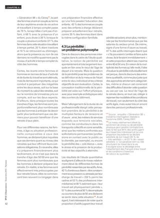 ( CHAPITRE II )



                                                  « Génération 98 » du Céreq17, la part      une préparation ﬁnancière effective
                                                  des femmes vivant en couple au terme       qu’une fois passée l’éducation des
                                                  de leur septième année de vie active       enfants : 43 % des hommes en couple
                                                  et travaillant à temps complet passe       avec des enfants à charge déclarent
                                                  de 79 %, lorsqu’elles n’ont pas d’en-      préparer actuellement leur retraite,
                                                  fant, à 68 % avec la présence d’un         contre 35 % des femmes étant dans
                                                  enfant, puis chute à 39 % lorsque le       la même conﬁguration familiale.                pénible est autant, sinon plus, mention-
                                                  couple a plusieurs enfants (31 % des                                                      née par les fonctionnaires que par les
                                                  femmes dans cette situation travaillant                                                   salariés du secteur privé. De même,
                                                  à temps partiel, 20 % étant inactives      4.3 La pénibilité :                            signe d’une forme d’usure au travail,
                                                  et 10 % se retrouvant au chômage),         un problème polymorphe                         41 % des actifs interrogés disent que
                                                  alors que la présence ou non de ces        Dans le discours des personnes inter-          « s’ils pouvaient s’arrêter et faire autre
                                                  derniers ne modiﬁe quasiment pas le        rogées dans le cadre de l’étude quali-         chose, ils le feraient immédiatement »
                                                  niveau d’activité à temps complet du       tative, la notion de pénibilité est            et cette proportion atteint ses maxima
                                                  côté des hommes.                           spontanément et très largement évo-            entre 40 et 54 ans. En raison de la mul-
                                                                                             quée en lien avec le recul de l’âge de         tiplicité des formes qu’elle revêt, l’idée
                                                  Certes, les écarts entre femmes et         départ à la retraite. Mais la question         d’évaluer la pénibilité individuellement
                                                  hommes en termes de taux d’activité        de la pénibilité pose les problèmes de         est perçue, dans le discours des entre-
                                                  et de durée du travail se sont atténués,   sa déﬁnition et de la mesure de l’écart        tiens qualitatifs, comme plus juste que
                                                  mais ils demeurent importants, ce qui      entre le vécu individuel et les critères       des approches strictement catégoriel-
                                                  conduit à perpétuer des inégalités         objectifs de son évaluation. Certes, la        les, même si chacun est conscient
                                                  entre les deux sexes, soit sur la base     conception traditionnelle de la péni-          des difﬁcultés d’aborder cette question
                                                  du montant du calcul des retraites, soit   bilité est axée sur l’effort physique,         au cas par cas. Le recul de l’âge de
                                                  sur le nombre de trimestres pris en        avec pour exemple archétypique celui           la retraite devra, en tout cas, obliger à
                                                  compte, soit sur les deux aspects.         des ouvriers du bâtiment.                      repenser les modalités et les conditions
                                                  D’ailleurs, dans presque toutes les                                                       de travail, non seulement du côté des
                                                  tranches d’âge, les femmes sont pro-       Mais l’allongement de la durée de vie          actifs âgés, mais aussi très en amont
                                                  portionnellement plus nombreuses           professionnelle élargit cette percep-          dans les parcours professionnels.
                                                  que les hommes à anticiper de devoir       tion première de la pénibilité à de
                                                  partir plus tardivement que ces der-       multiples facteurs de tensions et              17
                                                                                                                                                Source : enquête « Génération 98 »,
                                                  niers pour pouvoir bénéﬁcier d’une         d’usure : ainsi, les métiers de services       troisième interrogation réalisée à
                                                                                                                                            l’automne 2005, Céreq 2007     .
                                                  retraite à taux plein.                     exposés aux tensions sociales,                 18
                                                                                                                                                Le niveau relativement élevé du
                                                                                             comme les conducteurs dans les                 sentiment de stress ou de pénibilité
                                                  Pour ces différentes raisons, les fem-     transports collectifs en zone sensible,        physique peut paraître contradictoire
                                                  mes, à âge ou situation profession-        ainsi que les métiers confrontés aux           avec le fait que 84% des actifs jugent
                                                                                                                                            leur travail très intéressant et qu’une
                                                  nelle comparables à ceux des               sollicitations permanentes (profes-            proportion équivalente se déclare
                                                  hommes, se déclarent plus inquiètes        sions en contact avec le public ou             satisfaite de son travail (30 % de
                                                                                                                                            « très satisfaits », et 53 % de « assez
                                                  que ces derniers quant au niveau des       la clientèle, par exemple), ou encore          satisfaits »). Ce paradoxe tient au rôle
                                                  retraites que leur offriront leurs coti-   la pénibilité des « cols blancs », avec        structurant du travail dans la vie.
                                                  sations obligatoires. En revanche, elles   le stress et la pression de la produc-         Il souligne aussi le décalage entre
                                                                                                                                            l’attachement des Français à leur travail
                                                  s’y préparent financièrement plus          tivité et des objectifs à atteindre.           et les conditions d’exercice
                                                  tardivement, et ce n’est que dans la                                                      de celui-ci au quotidien.
                                                  tranche d’âge des 50-59 ans que les        Les résultats de l’étude quantitative
                                                  femmes sont plus nombreuses que            soulignent d’ailleurs le niveau relative-
      ’Observatoire – Novembre 2010 – Retraites




                                                  les hommes à déclarer préparer leur        ment élevé de différentes formes de
                                                  retraite. En réalité, si les femmes sont   pénibilité ressenties par les actifs. Ainsi,
                                                  effectivement très préoccupées par         42 % d’entre eux disent « être constam-
                                                  leur retraite future, elles ne commen-     ment sous pression ou stressés par leur
                                                  cent bien souvent à s’engager dans         charge de travail » (59 % parmi les
                                                                                             cadres et 53 % des professions inter-
                                                                                             médiaires) et 40 % estiment que « leur
                                                                                             travail est physiquement pénible »,
                                                                                             57 % des ouvriers et 50 % des employés
                                                                                             ou ouvriers de plus de 50 ans déclarant
BPCE L




                                                                                             se sentir dans cette situation18. A cet
                                                                                             égard, il est intéressant de noter que la
42                                                                                           proportion d’actifs jugeant leur travail
 