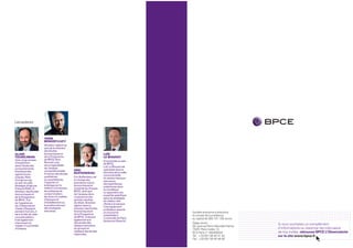 Les auteurs



                         YANN
                         BENOIST-LUCY
                         Directeur adjoint au
                         sein de la direction
                         des Etudes
ALAIN                    économiques et                                 LOÏC
TOURDJMAN                de la Prospective                              LE BIAVANT
Avec vingt années        de BPCE,Yann
                                                                        Economiste au sein
d’expérience             Benoist-Lucy
                                                                        de BPCE,
dans l’étude des         est un spécialiste
                                                                        Loïc Le Biavant est
comportements            de l’analyse
                                                 ERIC                   spécialisé dans le
ﬁnanciers des            comportementale.
                                                 BUFFANDEAU             domaine de la veille
agents écono-            A travers des études
                                                                        concurrentielle
miques, Alain            qualitatives            Eric Buffandeau est    du secteur banque/
Tourdjman est,           ou quantitatives,       en charge des          assurance,
au sein du pôle          il apporte un           prévisions macro-      ses expériences
Stratégie dirigé par     éclairage sur la        économiques et         antérieures dans
François Riahi, le       relation à la banque,   d’activité du Groupe   la monétique
directeur des Etudes     les pratiques de        BPCE, ainsi que        lui apportant une
économiques et           consommation,           de l’analyse de la     expertise spéciﬁque
de la Prospective        les choix en matière    conjoncture des        dans les stratégies
de BPCE. Fort            d’épargne et            grands marchés         de relation des
de l’expérience          d’endettement ou        de détail. Directeur   clients à la banque.
de L ’Observatoire       le positionnement       adjoint dans la        Il est également
Caisse d’Epargne         des enseignes           direction des Etudes   professeur associé
pendant huit ans, il     bancaires.              économiques et                                                                    .   .   .   .   .   .   .   .   .   .   .   .   .   .   .   .   .   .   .   .   . . . . . . . . . . . . . . . . . . . . . . . . . . . . . . . . . . . . .          .
                                                                        en économie              Société anonyme à directoire      .   .   .   .   .   .   .   .   .   .   .   .   .   .   .   .   .   .   .   .   . . . . . . . . . . . . . . . . . . . . . . . . . . . . . . . . . . . . .          .
est à la tête de cette                           de la Prospective      industrielle à                                             .   .   .   .   .   .   .   .   .   .   .   .   .   .   .   .   .   .   .   .   . . . . . . . . . . . . . . . . . . . . . . . . . . . . . . . . . . . . .          .
                                                                                                 et conseil de surveillance
nouvelle édition.                                de BPCE, il répond     l’université de Paris-                                     .   .   .   .   .   .   .   .   .   .   .   .   .   .   .   .   .   .   .   .   . . . . . . . . . . . . . . . . . . . . . . . . . . . . . . . . . . . . .          .
Il est également                                 également aux                                   au capital de 563 731 755 euros   .   .   .   .   .   .   .   .   .   .   .   .   .   .   .   .   .   .   .   .   . . . . . . . . . . . . . . . . . . . . . . . . . . . . . . . . . . . . .          .
                                                                        Sorbonne (Paris IV).                                       .   .   .   .   .   .   .   .   .   .   .   .   .   .   .   .   .   .   .   .   . . . . . . . . . . . . . . . . . . . . . . . . . . . . . . . . . . . . .          .
intervenant en                                   demandes des                                    Siège social :                    .   .   .   .   .   .   .   .   .   .   .   .   .   .   .   .   .   .   .   .
master à l’université                            réseaux bancaires                                                                 .   .   .   .   .   .   .   .   .   .   .   .   .   .   .   .   .   .   .   .
                                                                                                                                                                                                                   Si vous souhaitez un ..complément.. .. .. .. .. .. .. .. .. .. ..
                                                                                                                                                                                                                   . . . . . . . . . . . . . . . . . . . . . . . . .
                                                                                                                                                                                                                   . . . . . . . . . . . . . . . . . . . . . . . . .
                                                                                                                                                                                                                                                                                                      .
                                                                                                                                                                                                                                                                                                      .
                                                                                                 50, avenue Pierre Mendès-France
d’Orléans.                                       du groupe en                                    75201 Paris Cedex 13              .   .   .   .   .   .   .   .   .   .   .   .   .   .   .   .   .   .   .   .   d’informations. ou .visionner. les .interviews . . . .
                                                                                                                                                                                                                   . . . . . . . . . . . . . . . . . . . . . . . . . . . . .                          .
                                                 réalisant des études                                                              .   .   .   .   .   .   .   .   .   .   .   .   .   .   .   .   .   .   .   .   . . . . . . . . . . . . . . . . . . . . . . . . . . . . . . . . . . . . .          .
                                                                                                 RCS Paris n° 493455042            .   .   .   .   .   .   .   .   .   .   .   .   .   .   .   .   .   .   .   .   de.nos. invités, .retrouvez.BPCE.L’Observatoire.
                                                                                                                                                                                                                   . . . . . . . . . . . . . . . . . . . . . . . . . . . . . . .                      .
                                                                                                                                   .   .   .   .   .   .   .   .   .   .   .   .   .   .   .   .   .   .   .   .
                                                                                                                                                                                                                   sur ..le site ..www.bpce.fr.. .. .. .. .. .. .. .. .. .. .. .. .. .. .. .. .. ..
                                                                                                                                                                                                                   . . . . . . . . . . . . . . . . .                                                  .
                                                 régionales.
                                                                                                 Tél. : +33 (0)1 58 40 41 42       .   .   .   .   .   .   .   .   .   .   .   .   .   .   .   .   .   .   .   .   . . . . . . . . . . . . . . . . .                                                  .
                                                                                                 Fax : +33 (0)1 58 40 48 00        .   .   .   .   .   .   .   .   .   .   .   .   .   .   .   .   .   .   .   .   . . . . . . . . . . . . . . . . . . . . . . . . . . . . . . . . . . . . .          .
 