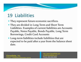 19 Liabilities
They represent future economic sacrifices.
They are divided in Long Term and Short Term
Liabilities. Examples of current liabilities are Accounts
Payable, Notes Payable, Bonds Payable, Long TermPayable, Notes Payable, Bonds Payable, Long Term
Borrowings, Credit Card Accounts
Long-term liabilities include liabilities that are
expected to be paid after a year from the balance sheet
date.
http://www.CloneSkills.com
Info@CloneSkills.com
Phone: 800.836.5696
CloneSkills, Inc.
A Pioneer in EPM/BI/EIM Implementation Learning
 