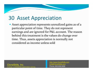 30 Asset Appreciation
Asset appreciation represents unrealized gains as of a
particular point of time. They do not represent
earnings and are ignored for P&L account. The reason
behind this treatment is the values do change overbehind this treatment is the values do change over
time. Thus, assets appreciation is normally not
considered as income unless sold
http://www.CloneSkills.com
Info@CloneSkills.com
Phone: 800.836.5696
CloneSkills, Inc.
A Pioneer in EPM/BI/EIM Implementation Learning
 
