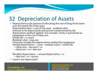 32 Depreciation of Assets
Depreciation is the process of allocating the cost of long-lived assets
over the useful life of the asset.
Depreciation base = cost of the asset - residual value.
Amount to be depreciated each period is determined by the
depreciation method applied. For example, Entity A purchased an
equipment at the cost of $650,000
Useful life = 10 yearsUseful life = 10 years
Residual value = $50,000
Using the straight line depreciation method for equipment
Annual depreciation = (cost - residual value) / useful life
= ($650,000 - $50,000) / 10
= $600,000 / 10 = $60,000
Monthly depreciation = annual depreciation / 12
= $60,000 / 12 = $5,000
Land is not depreciated
http://www.CloneSkills.com
Info@CloneSkills.com
Phone: 800.836.5696
CloneSkills, Inc.
A Pioneer in EPM/BI/EIM Implementation Learning
 