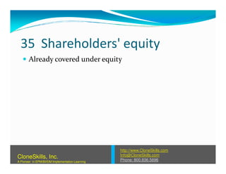 35 Shareholders' equity
Already covered under equity
http://www.CloneSkills.com
Info@CloneSkills.com
Phone: 800.836.5696
CloneSkills, Inc.
A Pioneer in EPM/BI/EIM Implementation Learning
 