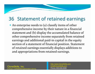 36 Statement of retained earnings
An enterprise needs to (a) classify items of other
comprehensive income by their nature in a financial
statement and (b) display the accumulated balance of
other comprehensive income separately from retainedother comprehensive income separately from retained
earnings and additional paid-in capital in the equity
section of a statement of financial position. Statement
of retained earnings essentially displays additions to
and appropriations from retained earnings.
http://www.CloneSkills.com
Info@CloneSkills.com
Phone: 800.836.5696
CloneSkills, Inc.
A Pioneer in EPM/BI/EIM Implementation Learning
 