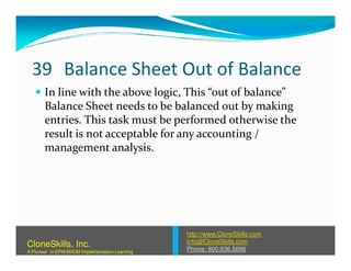 39 Balance Sheet Out of Balance
In line with the above logic, This “out of balance”
Balance Sheet needs to be balanced out by making
entries. This task must be performed otherwise the
result is not acceptable for any accounting /result is not acceptable for any accounting /
management analysis.
http://www.CloneSkills.com
Info@CloneSkills.com
Phone: 800.836.5696
CloneSkills, Inc.
A Pioneer in EPM/BI/EIM Implementation Learning
 