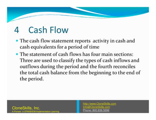 4 Cash Flow
The cash flow statement reports activity in cash and
cash equivalents for a period of time
The statement of cash flows has four main sections:
Three are used to classify the types of cash inflows andThree are used to classify the types of cash inflows and
outflows during the period and the fourth reconciles
the total cash balance from the beginning to the end of
the period.
http://www.CloneSkills.com
Info@CloneSkills.com
Phone: 800.836.5696
CloneSkills, Inc.
A Pioneer in EPM/BI/EIM Implementation Learning
 