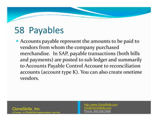 58 Payables
Accounts payable represent the amounts to be paid to
vendors from whom the company purchased
merchandise. In SAP, payable transactions (both bills
and payments) are posted to sub ledger and summarilyand payments) are posted to sub ledger and summarily
to Accounts Payable Control Account to reconciliation
accounts (account type K). You can also create onetime
vendors.
http://www.CloneSkills.com
Info@CloneSkills.com
Phone: 800.836.5696
CloneSkills, Inc.
A Pioneer in EPM/BI/EIM Implementation Learning
 
