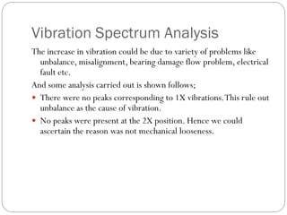 Vibration Spectrum Analysis
The increase in vibration could be due to variety of problems like
unbalance, misalignment, bearing damage flow problem, electrical
fault etc.
And some analysis carried out is shown follows;
 There were no peaks corresponding to 1X vibrations.This rule out
unbalance as the cause of vibration.
 No peaks were present at the 2X position. Hence we could
ascertain the reason was not mechanical looseness.
 