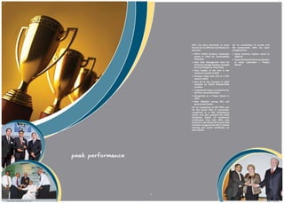 BPCL has been felicitated at many          For its contribution to society and
                                                          forums for its efficient contribution to   the environment, BPCL has been
                                                          business:                                  recognised too:
                                                          • NDTV Profit’s Business Leadership        • Green Business Leaders award in
                                                             award in 2010 for Sustainability          2009/10
                                                             Reporting                               • ‘Asian CSR Award’ for its contribution
                                                          • Best Cash Management Deal for              to water restoration – ‘Project
                                                             Electronic Receipt Solution awarded       Boond’
                                                             by Asset Magazine, Hong Kong
                                                          • Fleet Enabler of the Year in the
                                                             Apollo-CV awards of 2010
                                                          • Business Today Best CFO in a PSU
                                                             award in 2010
                                                          • Best Oil & Gas Company in 2010
                                                             awarded by Dainik Bhaskar/DNA
                                                             combine
                                                          • ‘Superbrand’ status accorded for the
                                                             last four consecutive years
                                                          • Recognised as a ‘Power Brand’ in
                                                             2010
                                                          • Best ‘Website’ among PSU and
                                                             government bodies
                                                          For its competency in ERP, BPCL was
                                                          for the fourth time in succession,
                                                          recognised as a SAP Competency
                                                          Centre and was awarded the CCOE
                                                          (Customer Centre of Excellence)
                                                          certification from SAP. BPCL also
                                                          features in the World SAP Council and
                                                          has been recognised by SAP to extend
                                                          training and award certificates on
                                                          their behalf.




                                  PEAK PERFORMANCE




                                                     27



BPCL-030611-BROCHURE.indd 26-27                                                                                                           18/07/11 3:26 PM
 