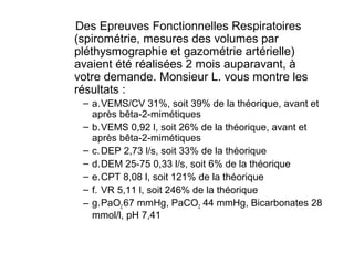 Des Epreuves Fonctionnelles Respiratoires
(spirométrie, mesures des volumes par
pléthysmographie et gazométrie artérielle)
avaient été réalisées 2 mois auparavant, à
votre demande. Monsieur L. vous montre les
résultats :
– a.VEMS/CV 31%, soit 39% de la théorique, avant et
après bêta-2-mimétiques
– b.VEMS 0,92 l, soit 26% de la théorique, avant et
après bêta-2-mimétiques
– c.DEP 2,73 l/s, soit 33% de la théorique
– d.DEM 25-75 0,33 l/s, soit 6% de la théorique
– e.CPT 8,08 l, soit 121% de la théorique
– f. VR 5,11 l, soit 246% de la théorique
– g.PaO2 67 mmHg, PaCO2 44 mmHg, Bicarbonates 28
mmol/l, pH 7,41
 