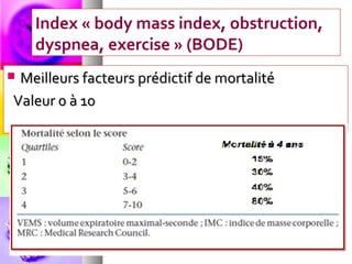 Index « body mass index, obstruction,
    dyspnea, exercise » (BODE)
Meilleurs facteurs prédictif de mortalité
Valeur 0 à 10
 