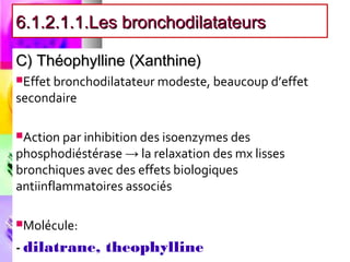 6.1.2.1.1.Les bronchodilatateurs

C) Théophylline (Xanthine)
Effet bronchodilatateur modeste, beaucoup d’effet
secondaire

Action par inhibition des isoenzymes des
phosphodiéstérase → la relaxation des mx lisses
bronchiques avec des effets biologiques
antiinflammatoires associés

Molécule:

- dilatrane, theophylline
 