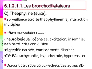 6.1.2.1.1.Les bronchodilatateurs
C) Théophylline (suite):
Surveillance étroite théophyllinémie, interaction
multiples
Effets secondaires +++:

- neurologique : céphalée, excitation, insomnie,
nervosité, crise convulsive
-digestifs: nausée, vomissement, diarrhée

-CV: FA, tachycardie, hypothermie, hypotension


Doivent être réservé aux échecs des autres BD
 