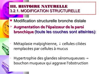 III. HISTOIRE NATURELLE
3.2.1. MODIFICATION STRUCTURELLE

   Modification structurelle bronche distale
   Augmentation de l’épaisseur de la paroi
    bronchique (toute les couches sont atteintes):

-   Métaplasie malpighienne, ↓ cellules ciliées
    remplacées par cellules à mucus

-   Hypertrophie des glandes séromuqueuses →
    bouchon muqueux qui aggrave l’obstruction
 