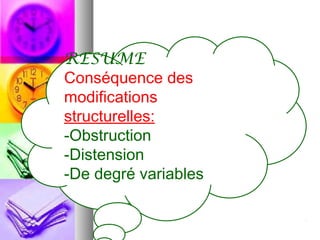 RESUME
Conséquence des
modifications
structurelles:
-Obstruction
-Distension
-De degré variables
 