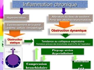 Inflammation chronique
     Mécanisme de l’obstruction et de la distension


 Hypersécrétion                        Altération du tissu de soutient
                                      Perte des attaches bronchiolaires
 Épaississement de la paroi
(œdème, cellule, remodellage)
                                        Obstruction dynamique

 Obstruction
  statique                   Tendance au collapsus expiratoire
                       Fermeture précoce des bronchioles avant la fin de l’expiration


                                        Piégeage aérien
                                        (hyperinflation)


                                                                  Distensio
               Compression                                            n
               bronchiolaire                                        ECL
 