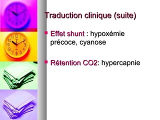 Traduction clinique (suite)

   Effet shunt : hypoxémie
    précoce, cyanose

   Rétention CO2: hypercapnie
 