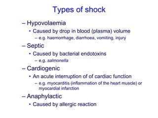 Types of shock
– Hypovolaemia
• Caused by drop in blood (plasma) volume
– e.g. haemorrhage, diarrhoea, vomiting, injury
– Septic
• Caused by bacterial endotoxins
– e.g. salmonella
– Cardiogenic
• An acute interruption of of cardiac function
– e.g. myocarditis (inflammation of the heart muscle) or
myocardial infarction
– Anaphylactic
• Caused by allergic reaction
 