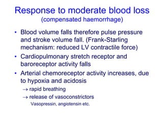 Response to moderate blood loss
(compensated haemorrhage)
• Blood volume falls therefore pulse pressure
and stroke volume fall. (Frank-Starling
mechanism: reduced LV contractile force)
• Cardiopulmonary stretch receptor and
baroreceptor activity falls
• Arterial chemoreceptor activity increases, due
to hypoxia and acidosis
 rapid breathing
 release of vasoconstrictors
Vasopressin, angiotensin etc.
 