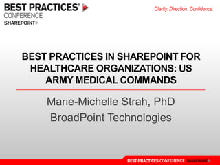 Best Practices in SharePoint for Healthcare Organizations: US Army Medical Commands Marie-Michelle Strah, PhD BroadPoint Technologies 