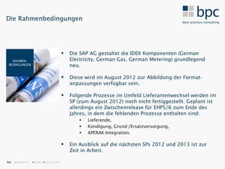 Die Rahmenbedingungen




                                              Die SAP AG gestaltet die IDEX Komponenten (German
   RAHMEN-                                     Electricity, German Gas, German Metering) grundlegend
 BEDINGUNGEN                                   neu.

                                              Diese wird im August 2012 zur Abbildung der Format-
                                               anpassungen verfügbar sein.

                                              Folgende Prozesse im Umfeld Lieferantenwechsel werden im
                                               SP (zum August 2012) noch nicht fertiggestellt. Geplant ist
                                               allerdings ein Zwischenrelease für EHP5/6 zum Ende des
                                               Jahres, in dem die fehlenden Prozesse enthalten sind:
                                                     Lieferende,
                                                     Kündigung, Grund-/Ersatzversorgung,
                                                     APERAK-Integration.

                                              Ein Ausblick auf die nächsten SPs 2012 und 2013 ist zur
                                               Zeit in Arbeit.

bpc SAP IDEX CL    Seite 2  25.07.2012
 