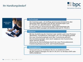 Ihr Handlungsbedarf




                                           Technologie
 HANDLUNGS-                                • Der Common Layer, als künftige gemeinsame Komponente aller
   BEDARF                                    deutschen IDEX-Lösungen wird ab den Auslieferungen zum
                                             01.10.2012 als „Zwischenebene“ eingezogen.
                                           • Er wird somit zur Voraussetzung aller Supportpackages der
                                             deutschen IDEX Lösungen ab Auslieferung zum 01.10.2012

                                           Prozesse
                                           • Mit der Auslieferung des Common Layer werden auch neue Prozesse
                                             (Workflows, Formatklassen, Basistypen, etc.) zur Verfügung gestellt.
                                           • Die neue Verarbeitungslogik wird über Customizing aktiviert.
                                           • Die Verarbeitungslogik, kann durch weglassen des Customizing
                                             weiter genutzt werden.
                                           • Ablösung des Wechselbeleges durch das neue Prozessdokument
                                           • Erweiterung/Anpassung Prüf- und Fristenframework

                                           Abhängigkeiten
                                           • Voraussetzung zur Installation des CL ist mindestens EhP4.
                                           • Ab den Support Packages für den 01.04.2013 ist die Basis EhP5 oder
                                             EhP6 erforderlich.



bpc SAP IDEX CL    Seite 3  25.07.2012
 