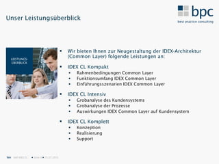 Unser Leistungsüberblick




                                              Wir bieten Ihnen zur Neugestaltung der IDEX-Architektur
   LEISTUNGS-
                                               (Common Layer) folgende Leistungen an:
   ÜBERBLICK
                                              IDEX CL Kompakt
                                                  Rahmenbedingungen Common Layer
                                                  Funktionsumfang IDEX Common Layer
                                                  Einführungsszenarien IDEX Common Layer

                                              IDEX CL Intensiv
                                                  Grobanalyse des Kundensystems
                                                  Grobanalyse der Prozesse
                                                  Auswirkungen IDEX Common Layer auf Kundensystem

                                              IDEX CL Komplett
                                                  Konzeption
                                                  Realisierung
                                                  Support



bpc SAP IDEX CL    Seite 4  25.07.2012
 