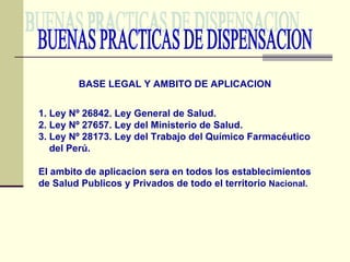 BUENAS PRACTICAS DE DISPENSACION BASE LEGAL Y AMBITO DE APLICACION 1. Ley Nº 26842. Ley General de Salud. 2. Ley Nº 27657. Ley del Ministerio de Salud. 3. Ley Nº 28173. Ley del Trabajo del Químico Farmacéutico del Perú. El ambito de aplicacion sera en todos los establecimientos de Salud Publicos y Privados de todo el territorio  Nacional. 