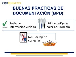 BUENAS PRÁCTICAS DE
DOCUMENTACIÓN (BPD)
CORPORATIVO
Registrar
información verídica
Utilizar bolígrafo
color azul o negro
No usar lápiz o
corrector
 