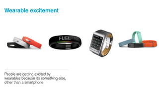 Wearable excitement

People are getting excited by
wearables because it’s something else,
other than a smartphone

 