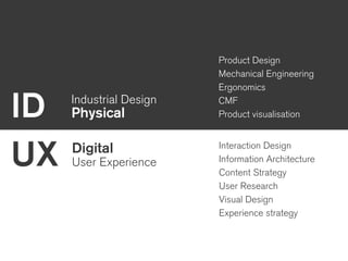 Offer Mindset Language Tools Time
ID Industrial Design
Physical
UX Digital
User Experience
Product Design
Mechanical Engineering
Ergonomics
CMF
Product visualisation
Interaction Design
Information Architecture
Content Strategy
User Research
Visual Design
Experience strategy
 