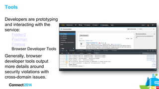 Tools
Developers are prototyping
and interacting with the
service:
Fiddler2
Postman
Firebug
Browser Developer Tools

Gener...
