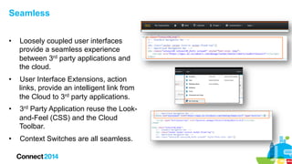 Seamless
• 

Loosely coupled user interfaces
provide a seamless experience
between 3rd party applications and
the cloud.

...