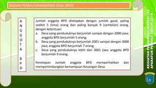 KEGIATANPEMBINAANKAPASITAS
APARATURPEMDESTAHUN2018
5BADAN PERMUSYAWARATAN DESA (BPD)
A
N
G
G
O
T
A
B
P
D
Jumlah anggota BPD ditetapkan dengan jumlah gasal, paling
sedikit 5 (lima) orang dan paling banyak 9 (sembilan) orang,
dengan ketentuan:
a. Desa yang penduduknya berjumlah sampai dengan 2000 jiwa;
anggota BPD berjumlah 5 orang;
b. Desa yang penduduknya berjumlah 2001 sampai dengan 3000
jiwa; anggota BPD berjumlah 7 orang;
c. Desa yang penduduknya lebih dari 3001 jiwa; anggota BPD
berjumlah 9 orang;
Penetapan Jumlah anggota BPD memperhatikan dan
mempertimbangkan kemampuan Keuangan Desa.
 