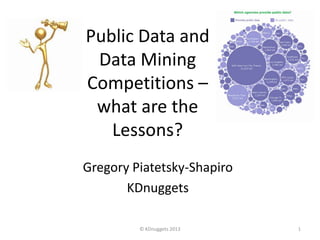 Public Data and
Data Mining
Competitions –
what are the
Lessons?
1© KDnuggets 2013
Gregory Piatetsky-Shapiro
KDnuggets
 