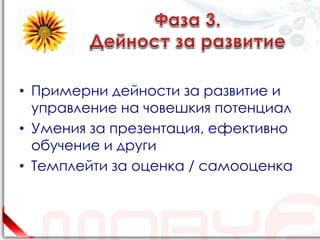 • Примерни дейности за развитие и
  управление на човешкия потенциал
• Умения за презентация, ефективно
  обучение и други
• Темплейти за оценка / самооценка
 