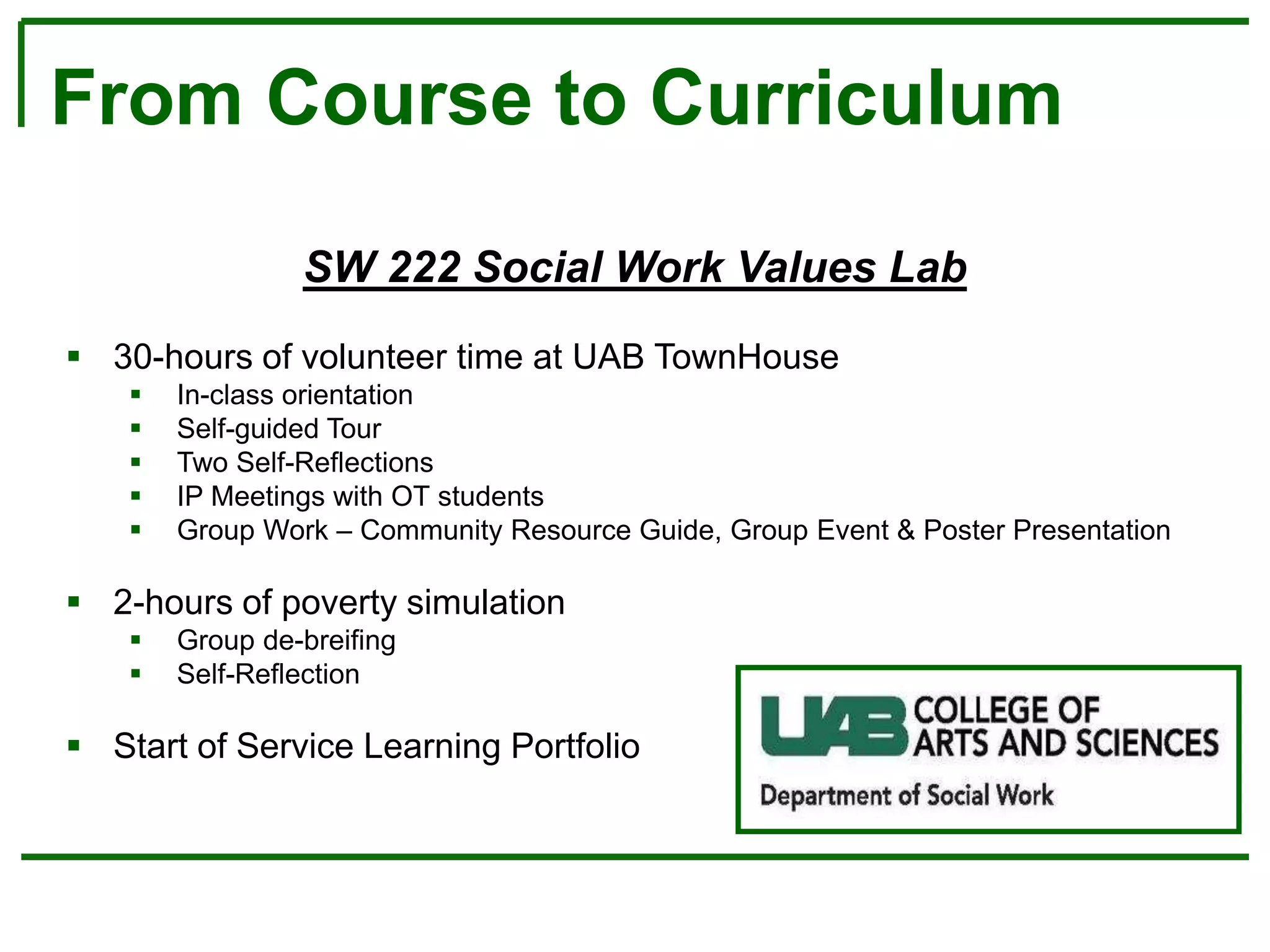 From Course to Curriculum
SW 222 Social Work Values Lab
 30-hours of volunteer time at UAB TownHouse
 In-class orientation
 Self-guided Tour
 Two Self-Reflections
 IP Meetings with OT students
 Group Work – Community Resource Guide, Group Event & Poster Presentation
 2-hours of poverty simulation
 Group de-breifing
 Self-Reflection
 Start of Service Learning Portfolio
 