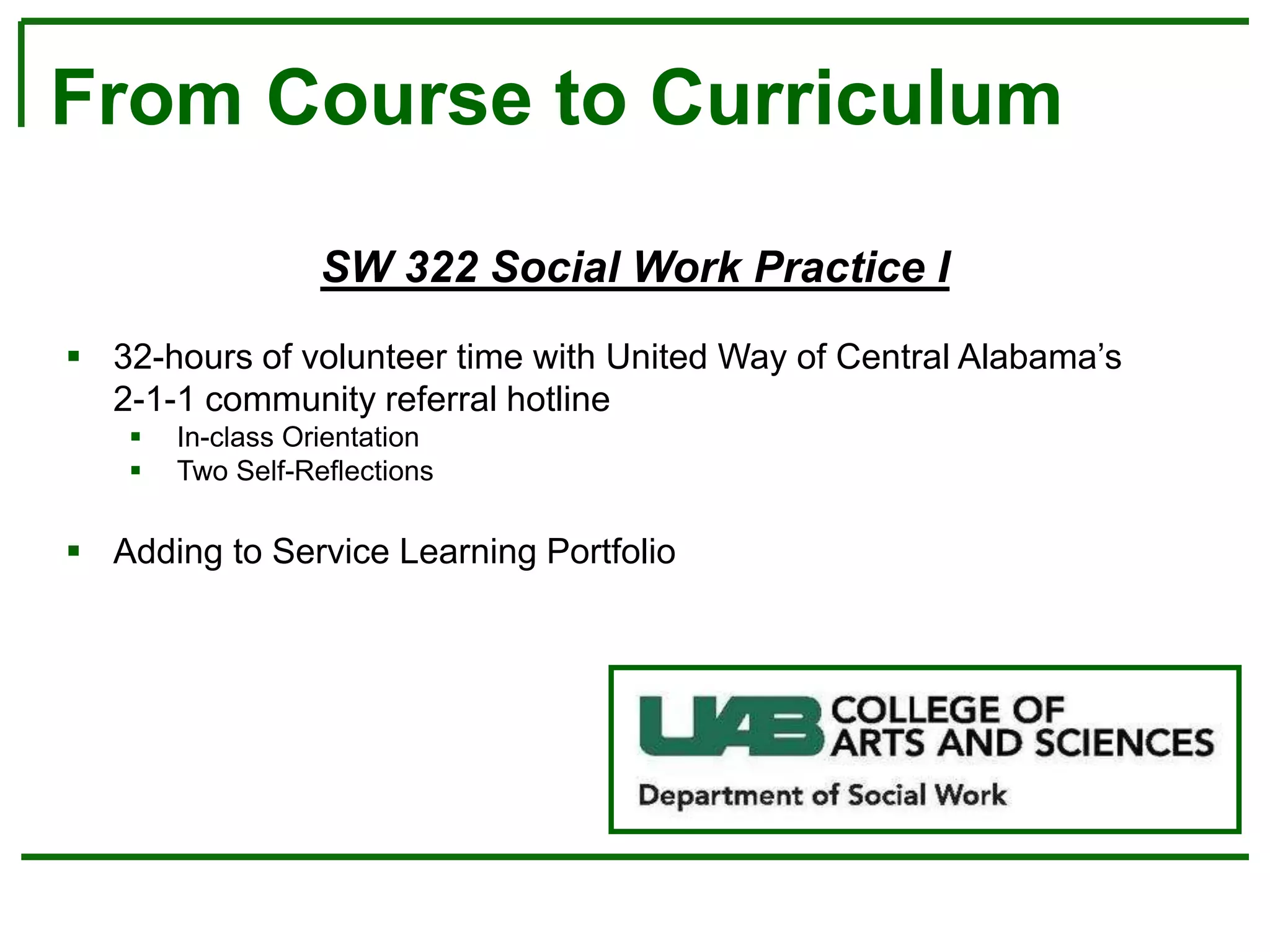 From Course to Curriculum
SW 322 Social Work Practice I
 32-hours of volunteer time with United Way of Central Alabama’s
2-1-1 community referral hotline
 In-class Orientation
 Two Self-Reflections
 Adding to Service Learning Portfolio
 